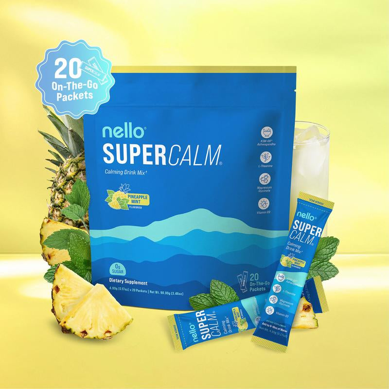 Nello Supercalm Calming Drink Mix with KSM-66 Ashwagandha Vitamin D3 Magnesium & L-Theanine Supports Cortisol Balance Mood Sleep 20 Servings Travel Packets Dietary Supplement