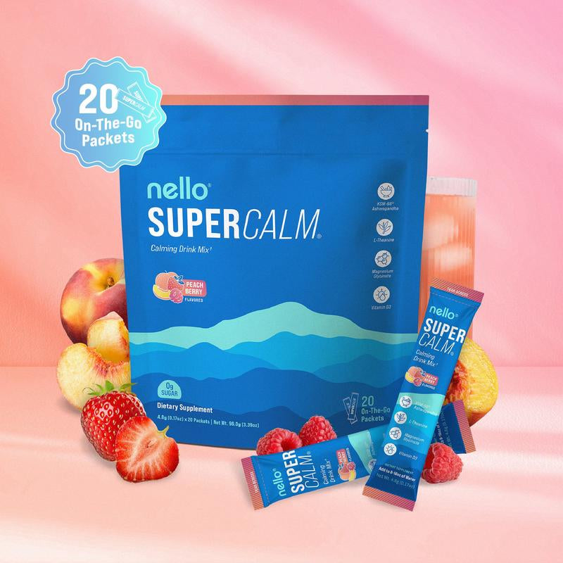 Nello Supercalm Calming Drink Mix with KSM-66 Ashwagandha Vitamin D3 Magnesium & L-Theanine Supports Cortisol Balance Mood Sleep 20 Servings Travel Packets Dietary Supplement