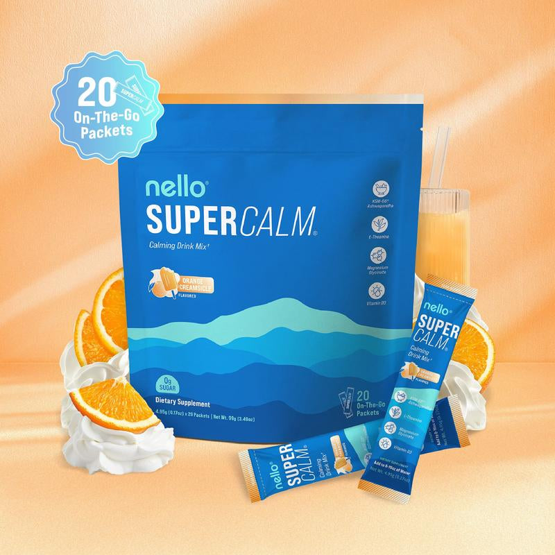 Nello Supercalm Calming Drink Mix with KSM-66 Ashwagandha Vitamin D3 Magnesium & L-Theanine Supports Cortisol Balance Mood Sleep 20 Servings Travel Packets Dietary Supplement