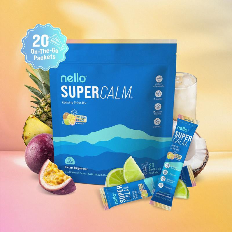 Nello Supercalm Calming Drink Mix with KSM-66 Ashwagandha Vitamin D3 Magnesium & L-Theanine Supports Cortisol Balance Mood Sleep 20 Servings Travel Packets Dietary Supplement