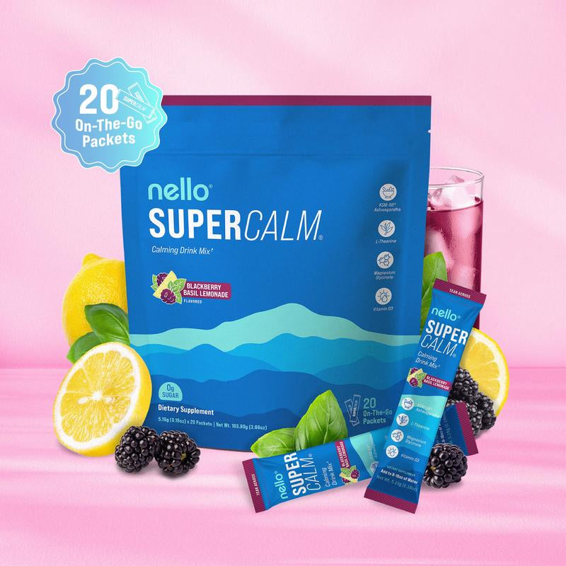 Nello Supercalm Calming Drink Mix with KSM-66 Ashwagandha Vitamin D3 Magnesium & L-Theanine Supports Cortisol Balance Mood Sleep 20 Servings Travel Packets Dietary Supplement